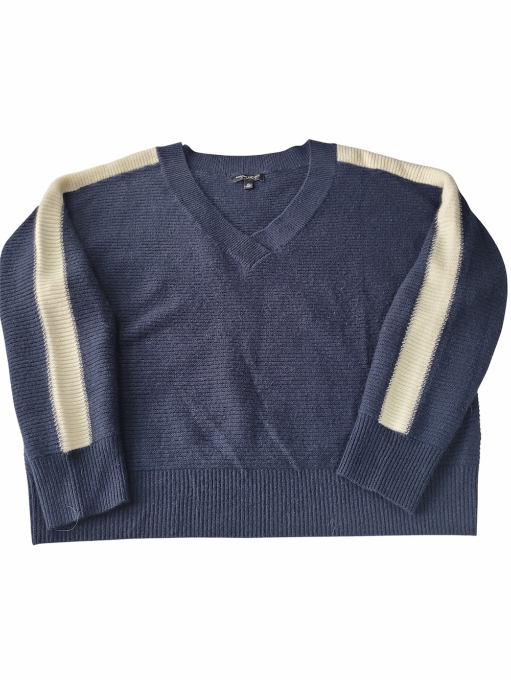 ✅ Banana Republic V-Neck navy wth cream striped sleeves 100% cashmere sweater XL